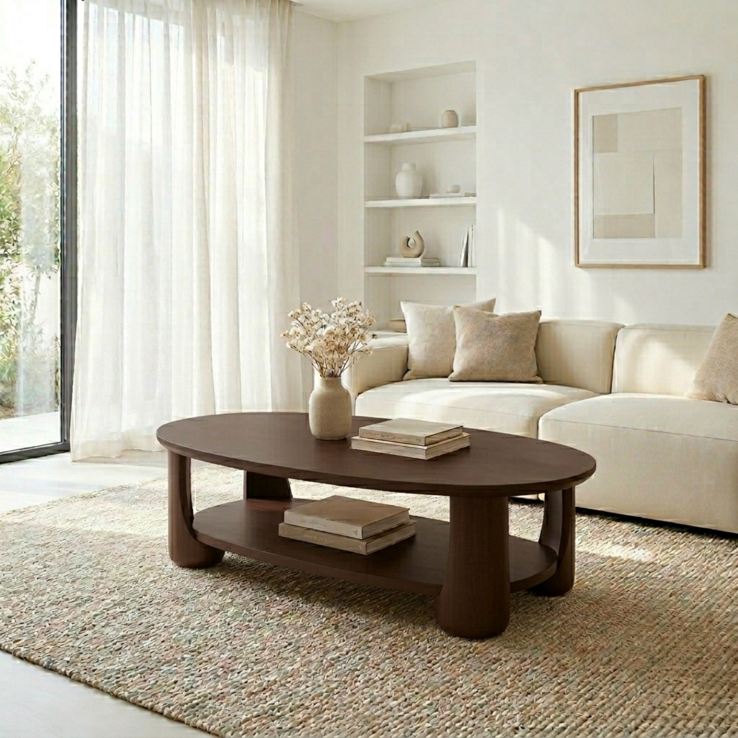 Solid Wood Oval Coffee Table with Shelf – Modern Minimalist Living Room Table Kitchnce