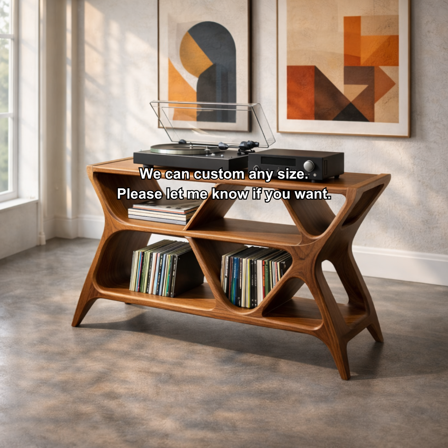Geometric Solid Wood Record Player Stand with Multi-Shelf Vinyl Storage Kitchnce