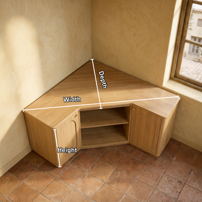 Solid Wood Corner TV Stand with Arched Cabinet Doors and Open Media Shelf