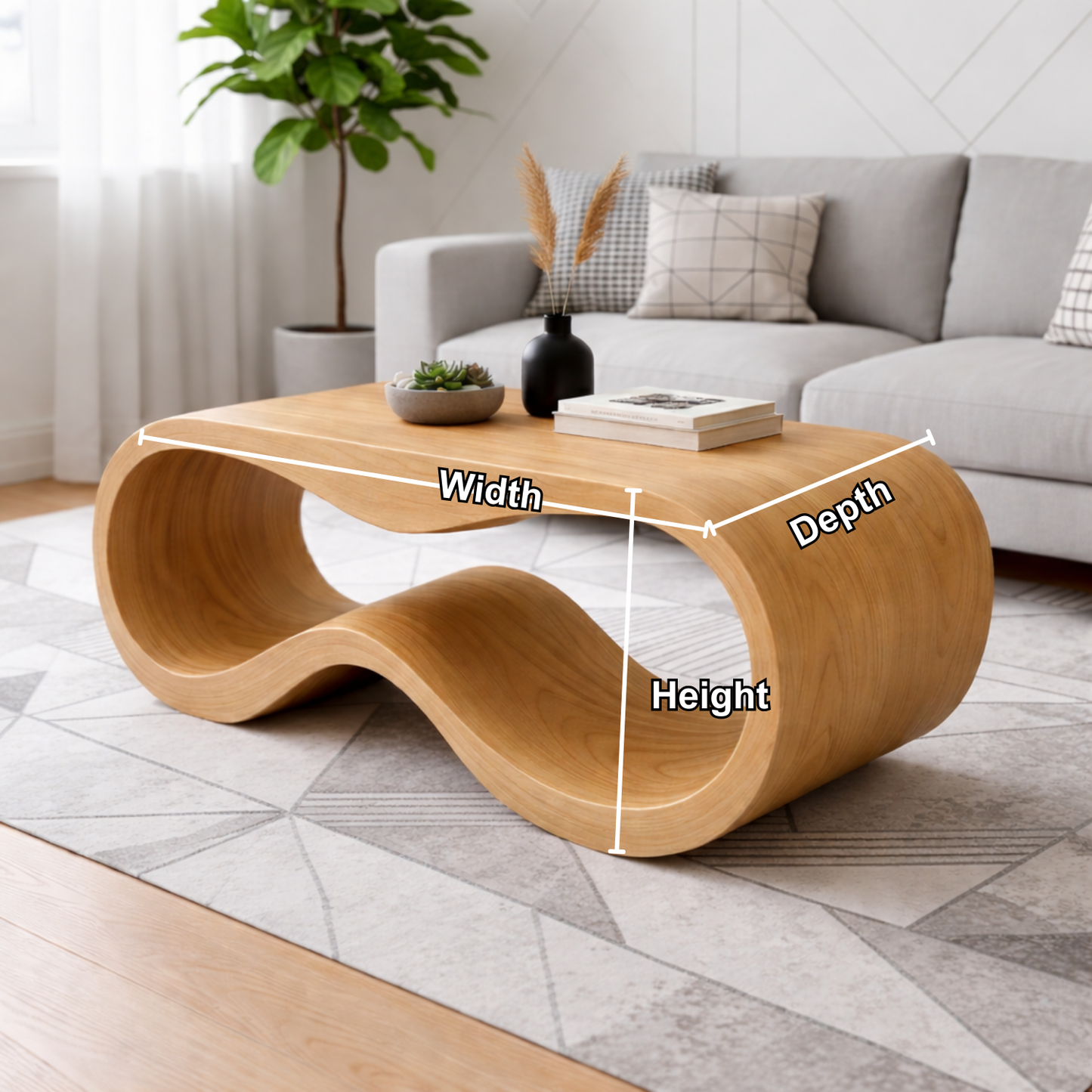 Curved Solid Wood Coffee Table – Modern Sculptural Wave Design Living Room Table