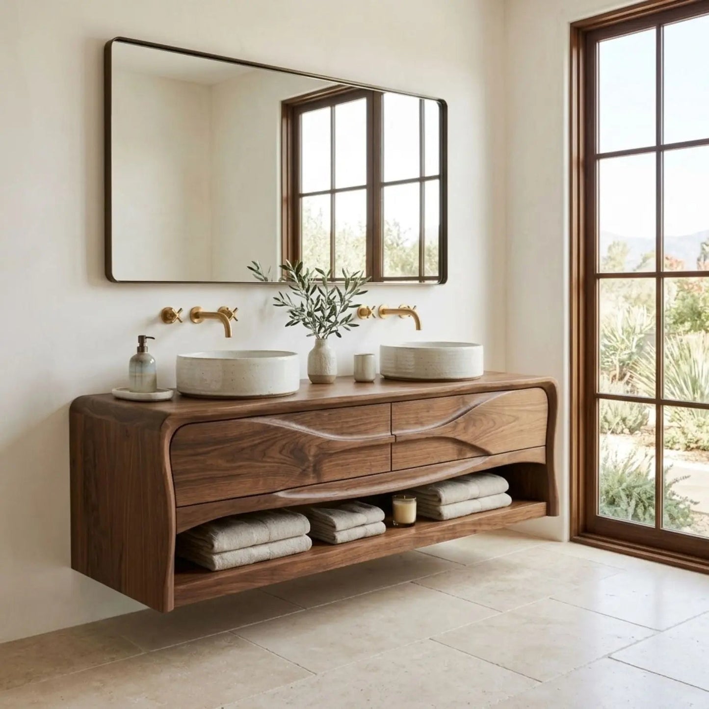 Handcrafted Wave Design Floating Vanity - Solid Wood Sculptural Mid-Century Bathroom Cabinet Kitchnce