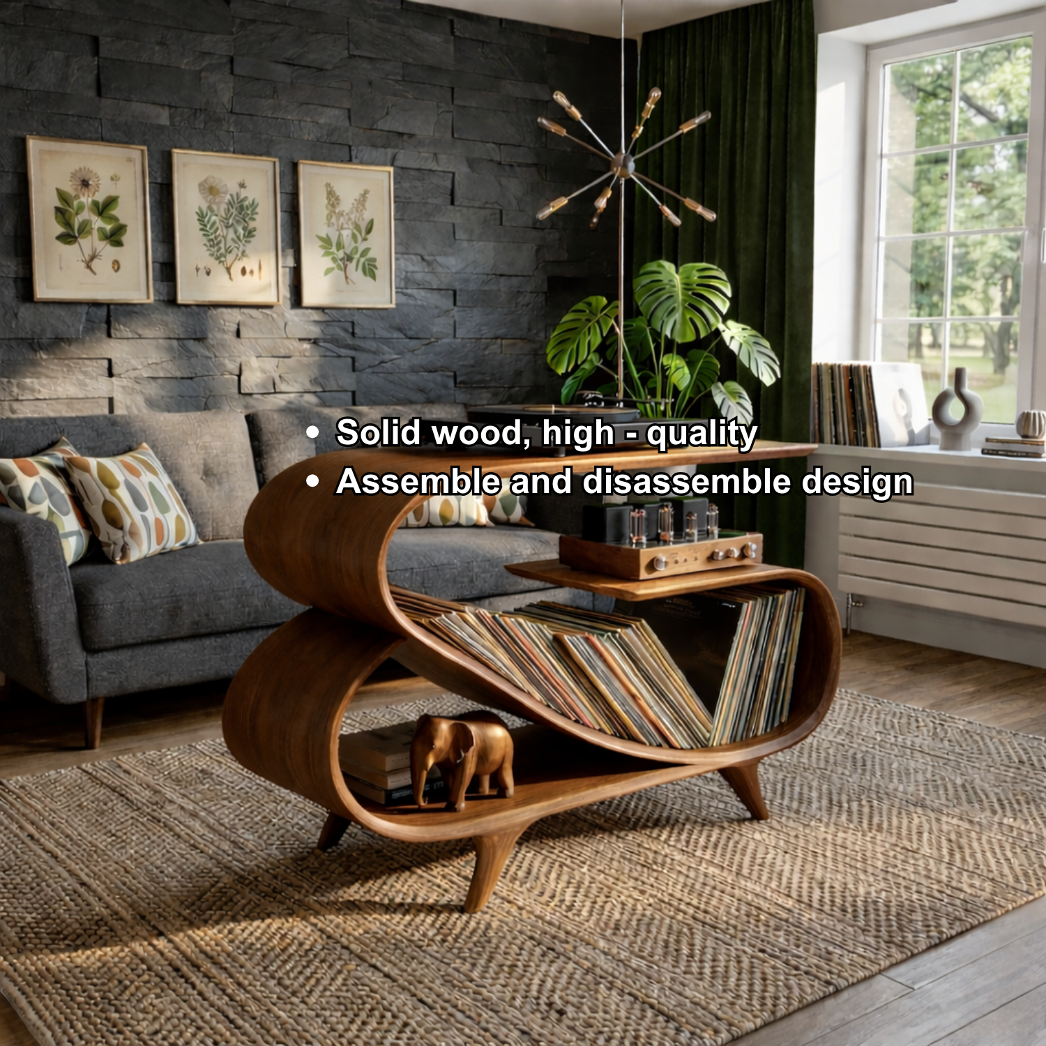 Wave Curve Solid Wood Record Player Stand with Vinyl Storage Shelf