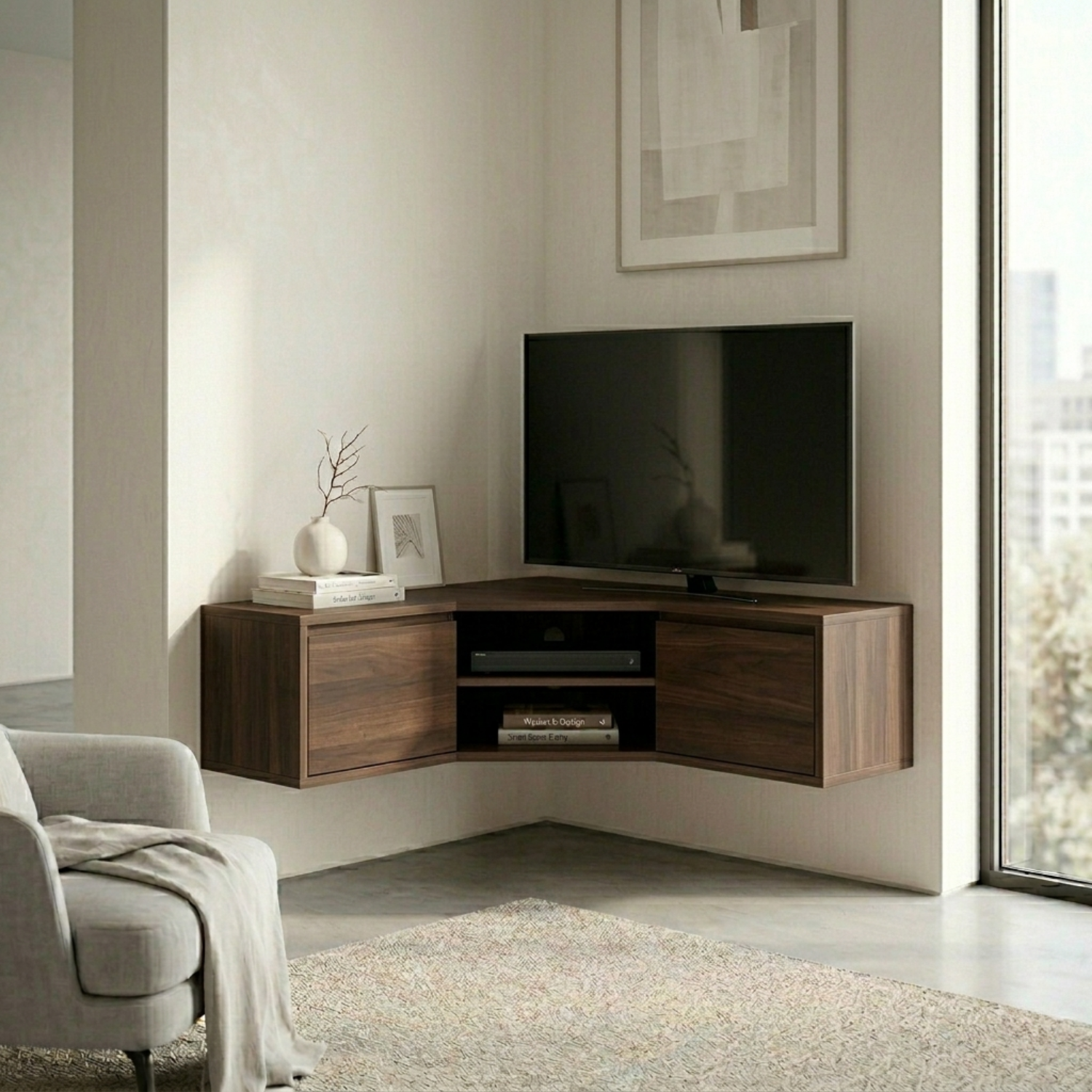 Floating Solid Wood Corner TV Stand with Cabinet Storage and Open Media Shelf
