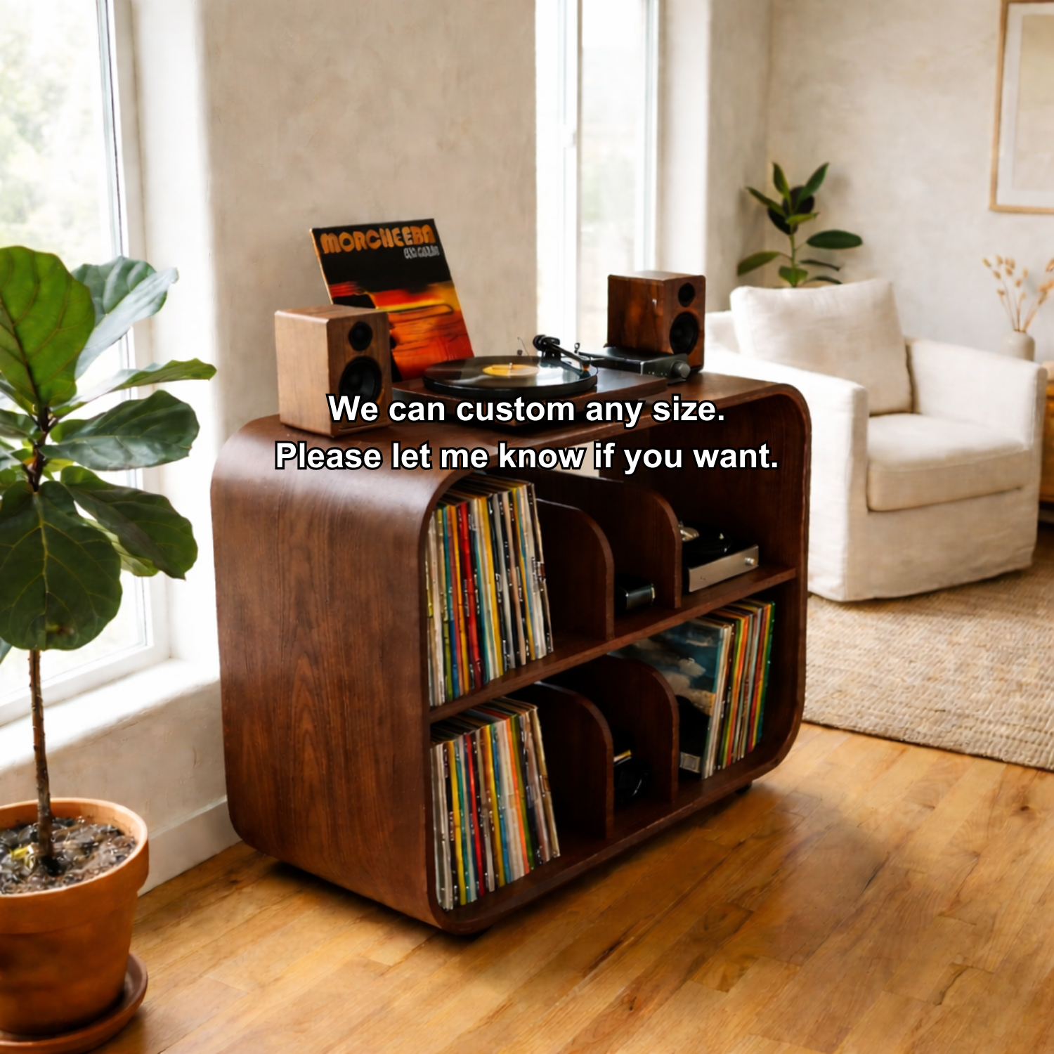 Curved Solid Wood Record Player Stand with Vertical Vinyl Storage Cabinet Kitchnce