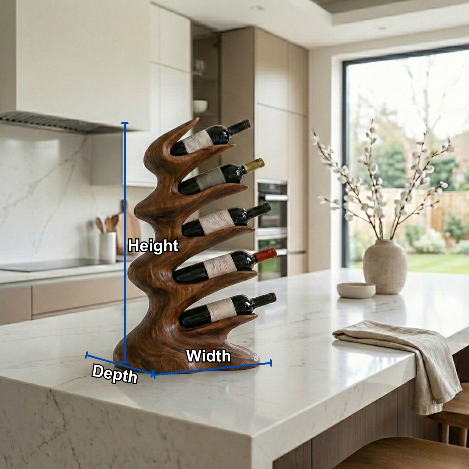 Handcrafted Solid Wood Wine Holder – Vertical Sculptural Countertop Wine Rack