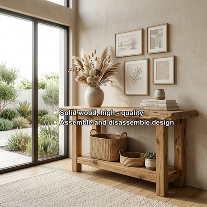 Live Edge Solid Wood Console Table with Shelf – Rustic Natural Entryway Table