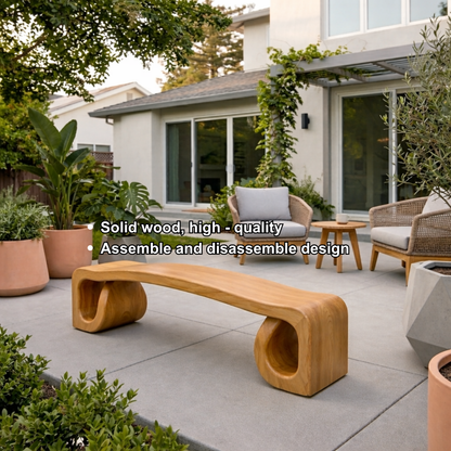 Solid Wood Outdoor Bench with Sculpted Wave Seat and Hollow Base Design