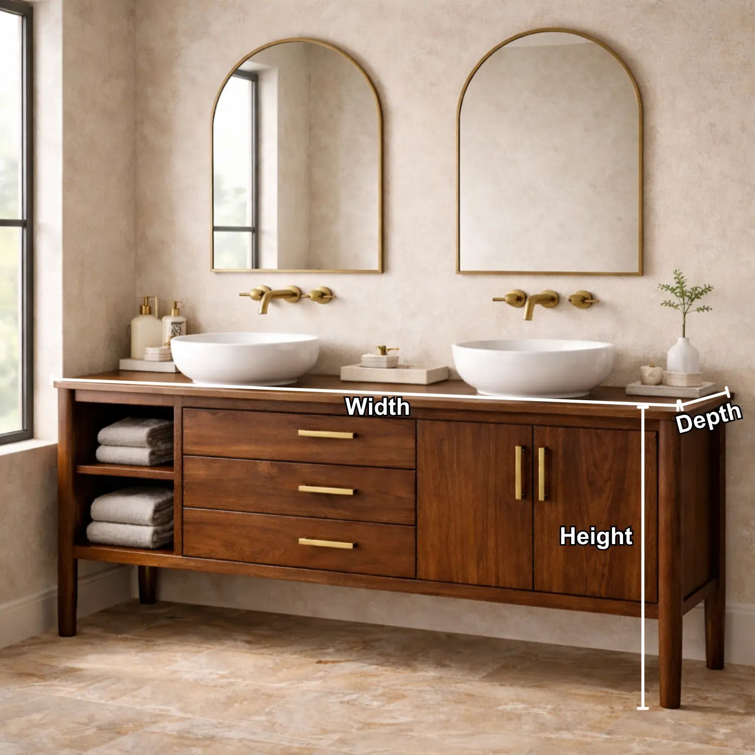 Solid Wood Bathroom Vanity with Open Shelf, Three Drawers and Double Door Cabinet Kitchnce