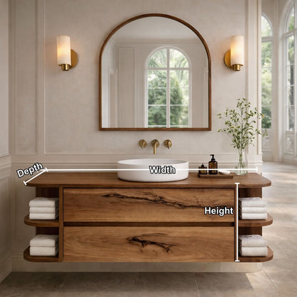Floating Bathroom Vanity with Curved Open Shelves – Handcrafted Solid Wood Design Kitchnce