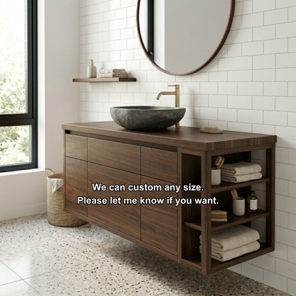 Floating Solid Wood Bathroom Vanity with Cabinet Doors and Side Open Shelving