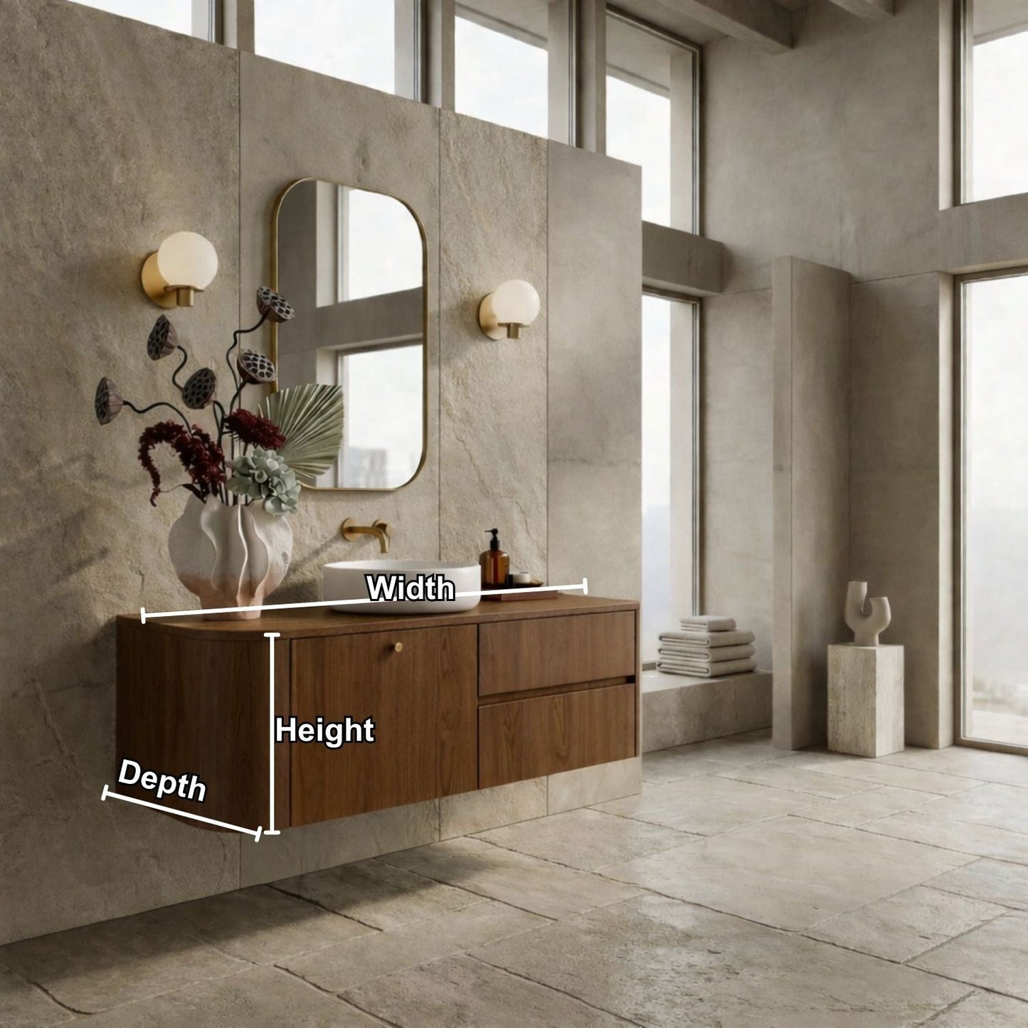 Floating Bathroom Vanity with Curved Edges and Spacious Drawers – Handcrafted Solid Wood Design Kitchnce