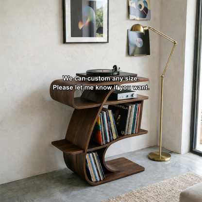 S-Curve Solid Wood Record Player Stand with Vinyl Storage Shelves Kitchnce