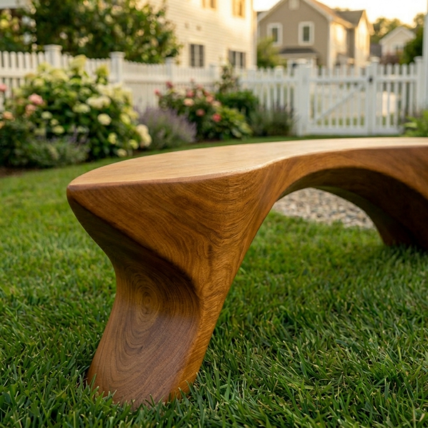 Solid Wood Outdoor Bench Sculptural Curved Design with Organic Arch Base