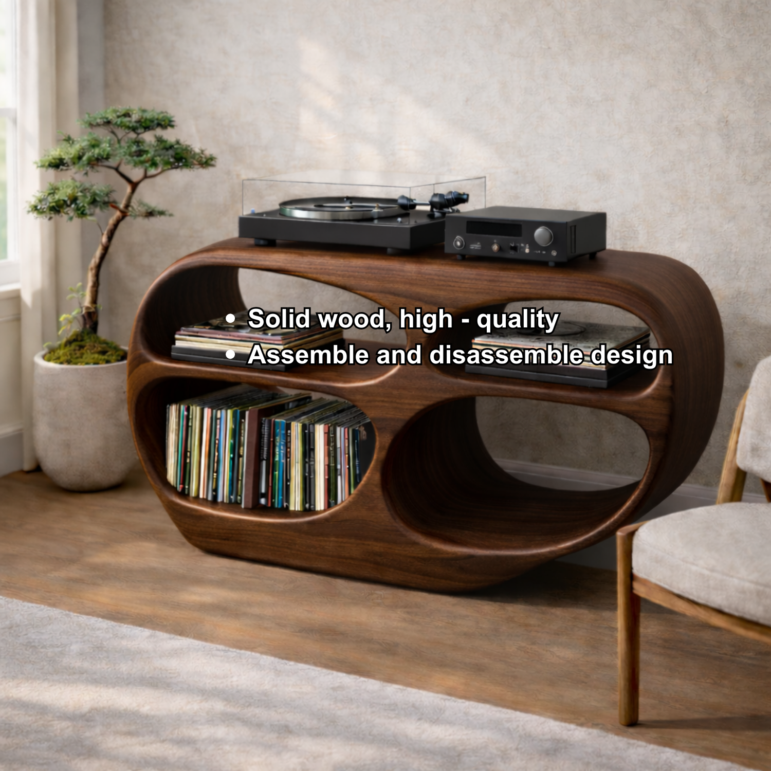 Organic Oval Solid Wood Record Player Stand with Open Vinyl Storage Kitchnce