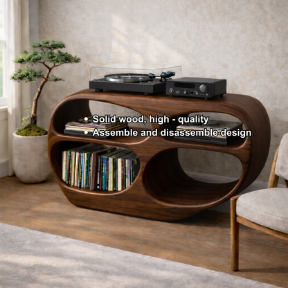 Organic Oval Solid Wood Record Player Stand with Open Vinyl Storage Kitchnce
