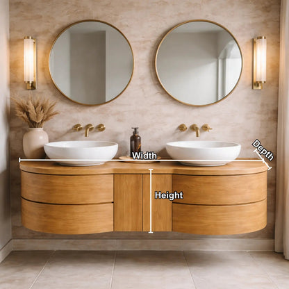 Floating Bathroom Vanity with Curved Ends Double Drawers and Center Cabinet Storage Kitchnce