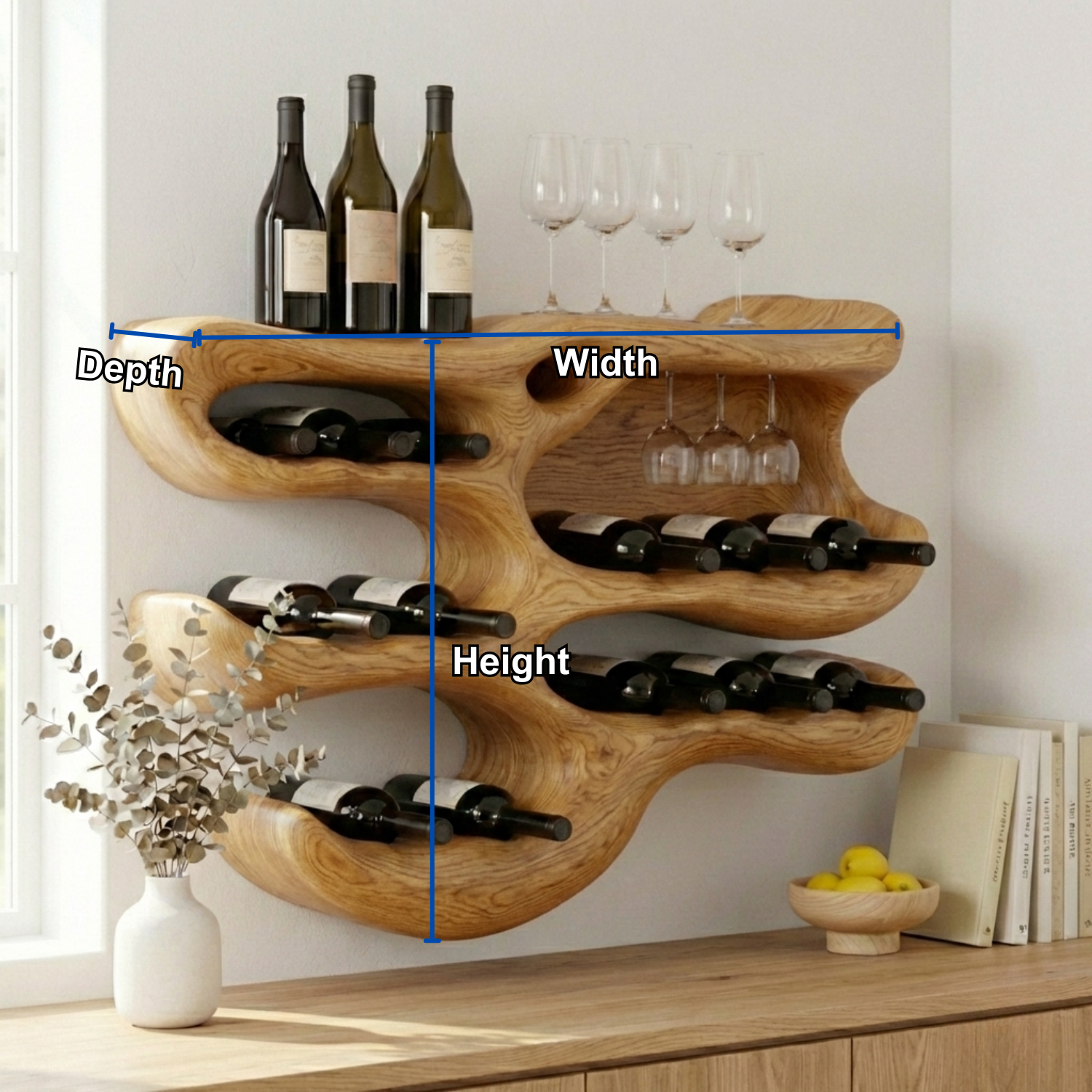 Handcrafted Solid Wood Wall Wine Holder – Sculptural Wine Rack with Glass Storage