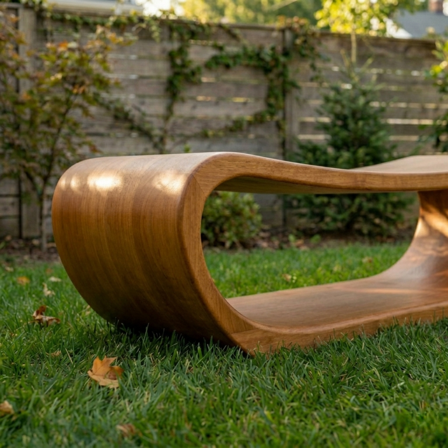 Solid Wood Outdoor Bench Curved Hollow Design with Sculptural Loop Base