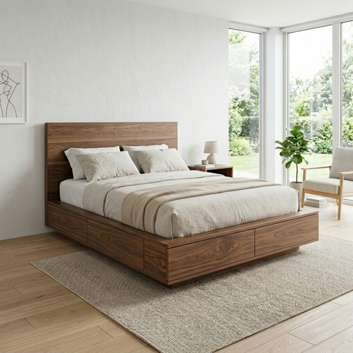 Solid Wood Platform Bed Frame with Integrated Storage Drawers