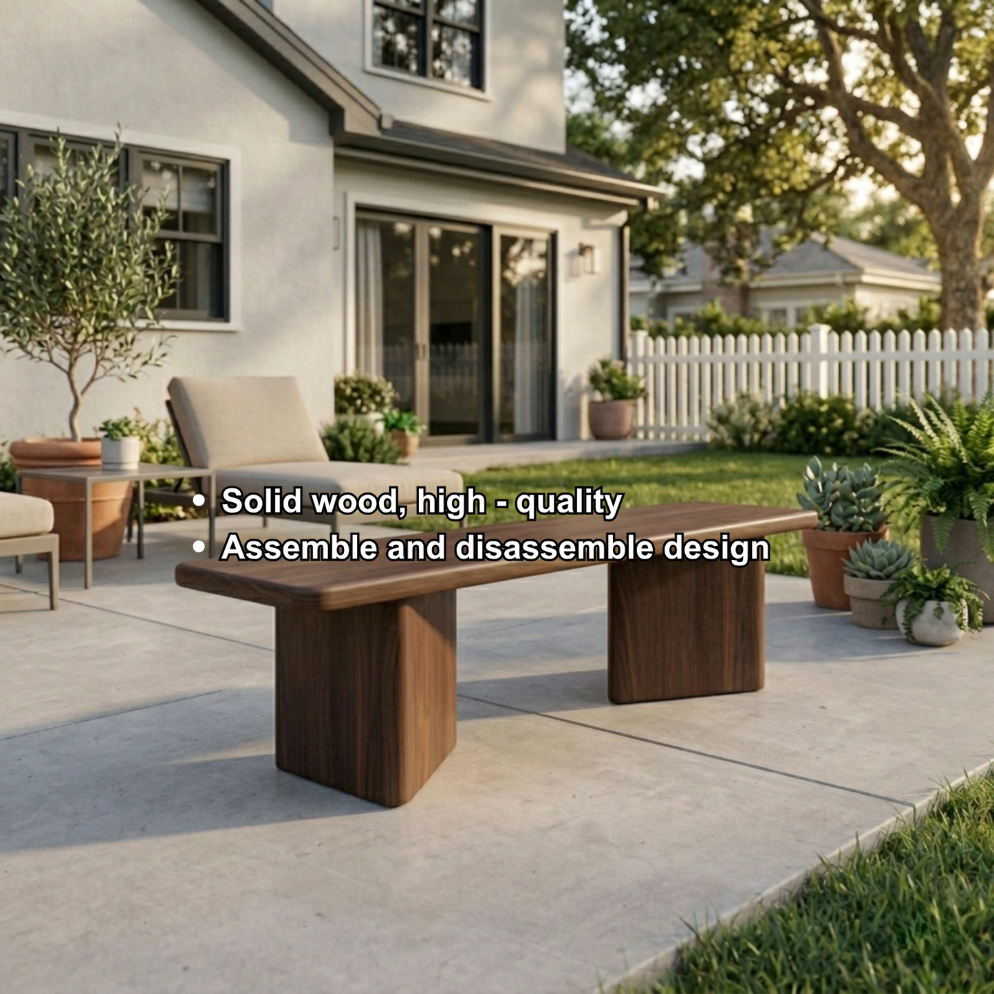 Solid Wood Outdoor Bench Minimalist Slab Seat with Block Leg Base Design
