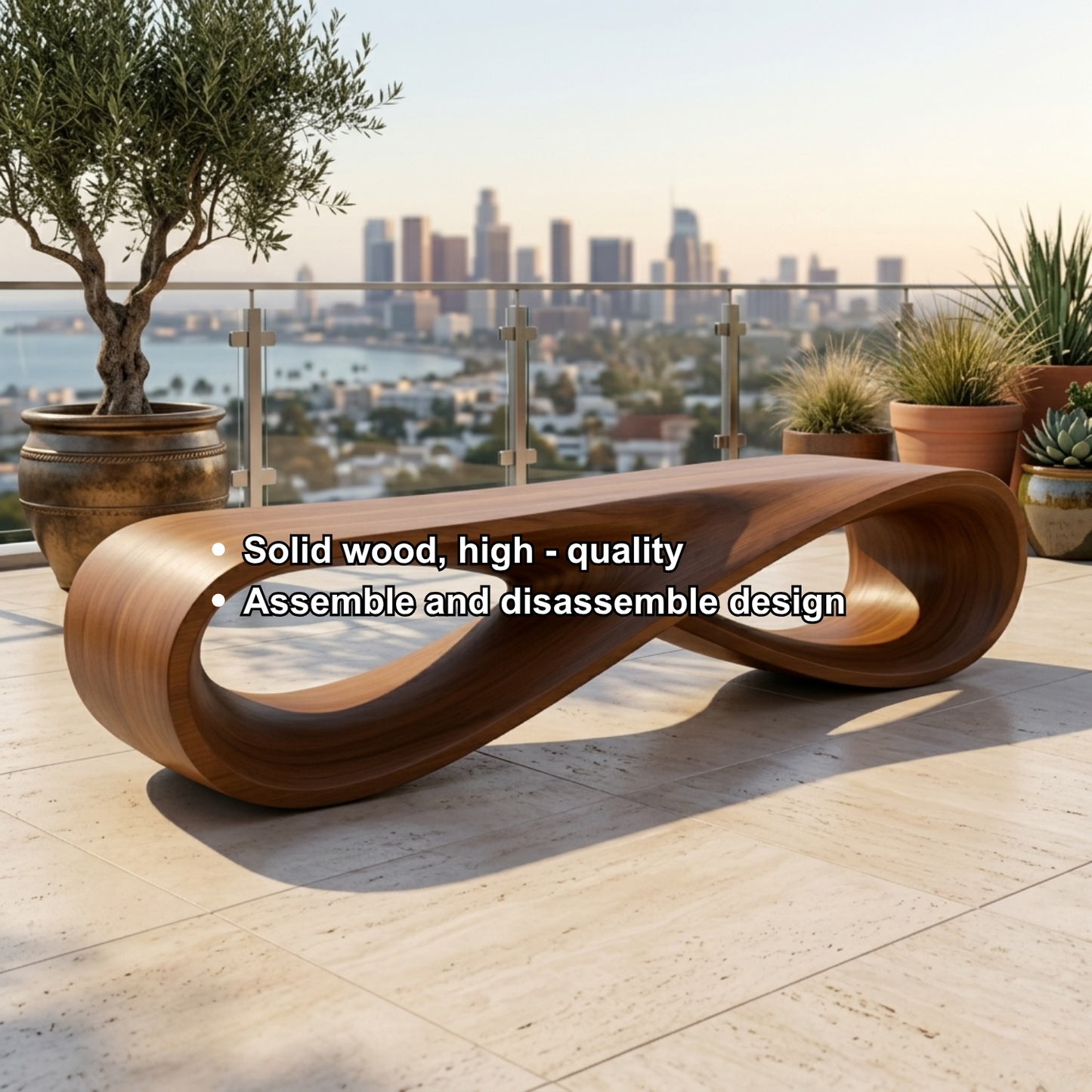Handcrafted Solid Wood Outdoor Bench – Modern Loop Sculptural Patio Seating