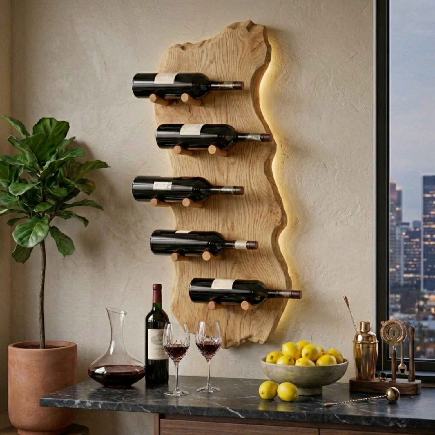 Solid Wood Live Edge Wall Wine Holder – Vertical Sculptural Wine Rack