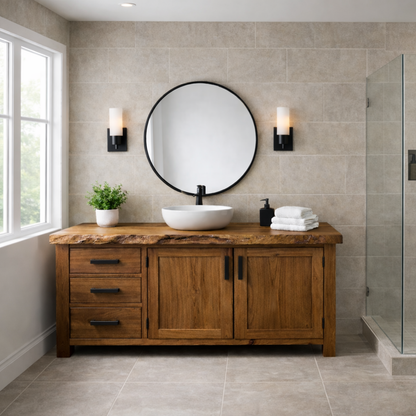 Live Edge Solid Wood Bathroom Vanity with 3 Drawers and Double Door Cabinet