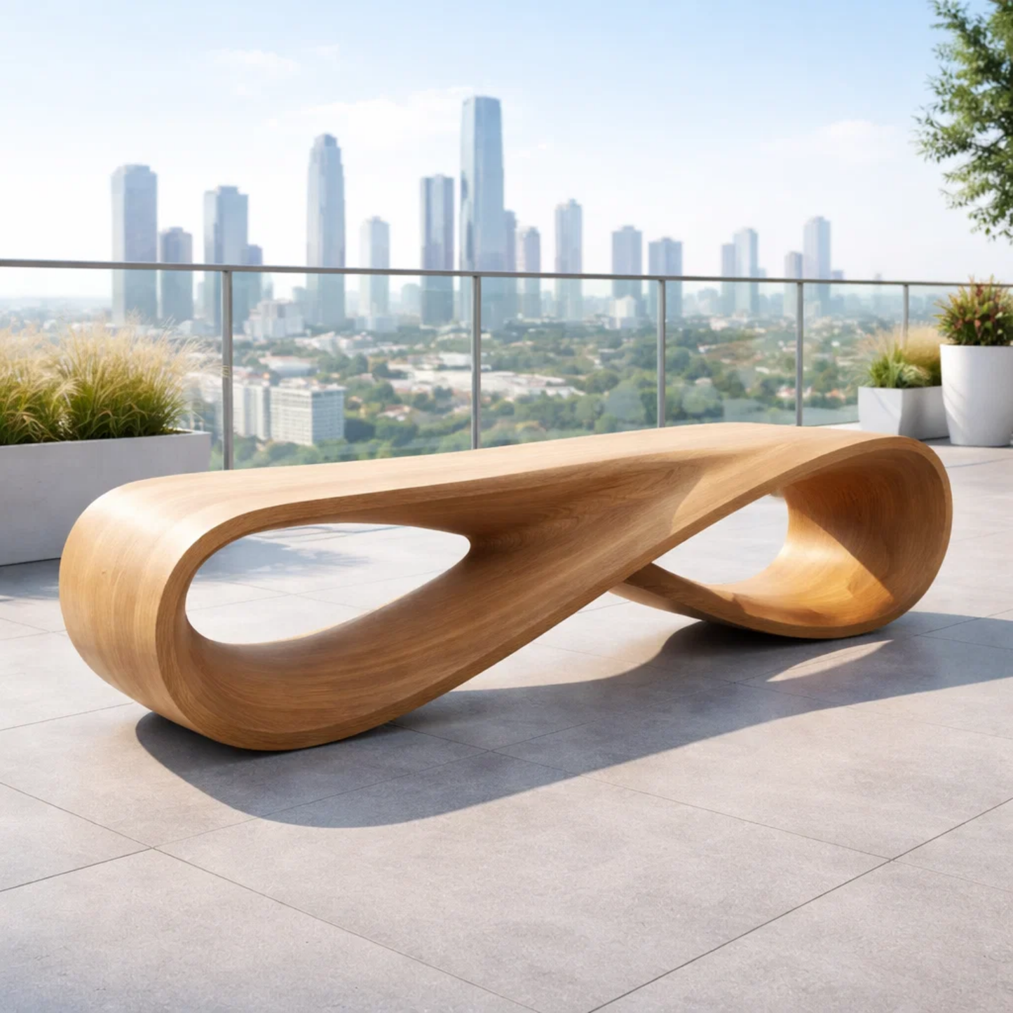 Handcrafted Solid Wood Outdoor Bench – Modern Loop Sculptural Patio Seating