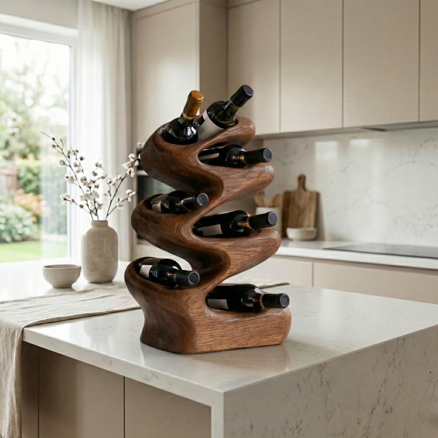 Handcrafted Solid Wood Wine Holder – Sculptural Wave Countertop Wine Rack