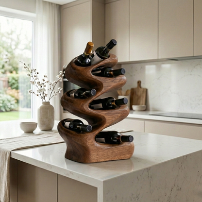 Handcrafted Solid Wood Wine Holder – Sculptural Wave Countertop Wine Rack