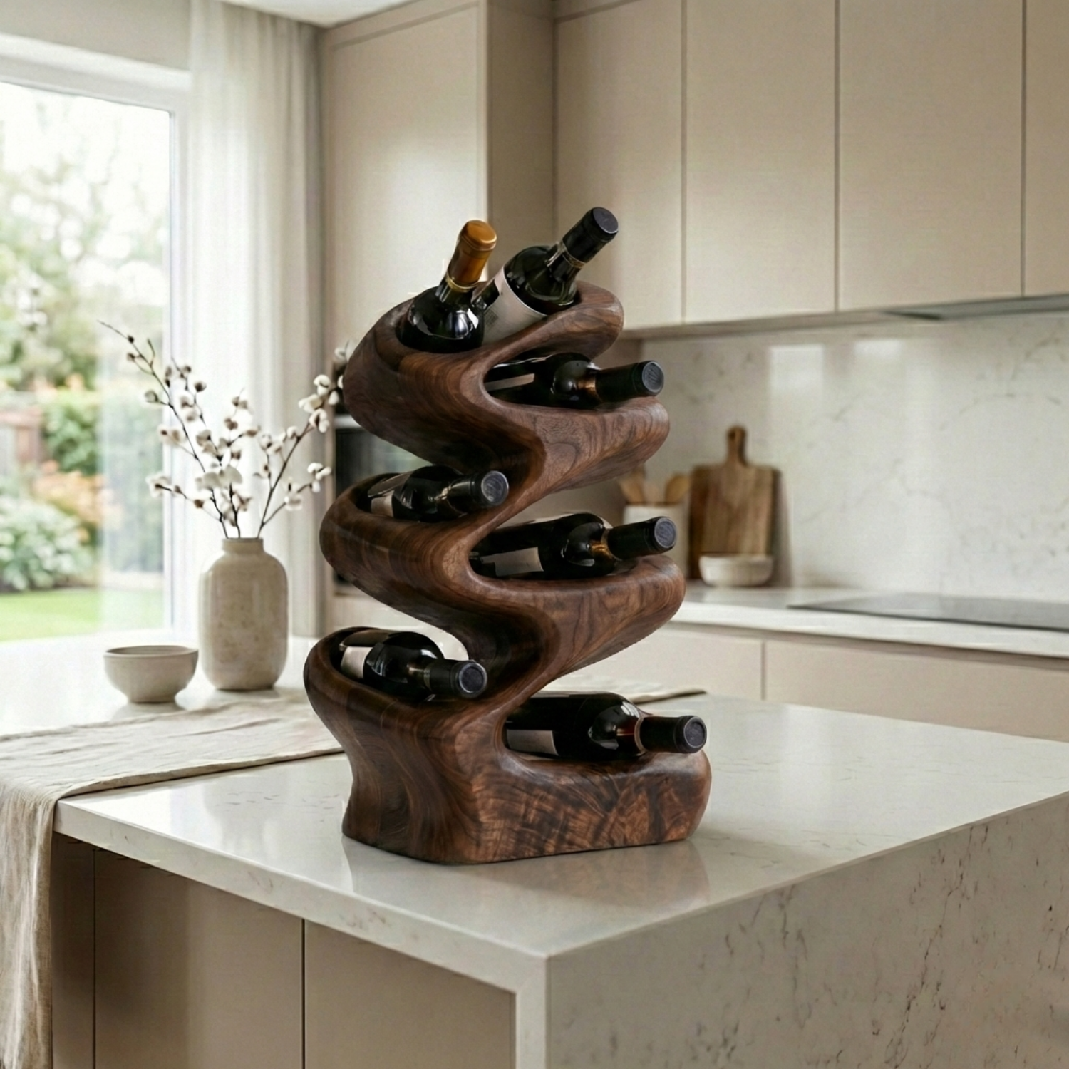 Handcrafted Solid Wood Wine Holder – Sculptural Wave Countertop Wine Rack