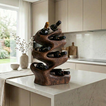 Handcrafted Solid Wood Wine Holder – Sculptural Wave Countertop Wine Rack