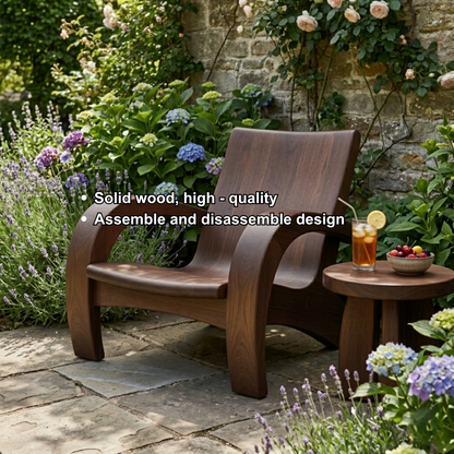 Modern Solid Wood Lounge Chair with Curved Armrests for Indoor & Outdoor Use