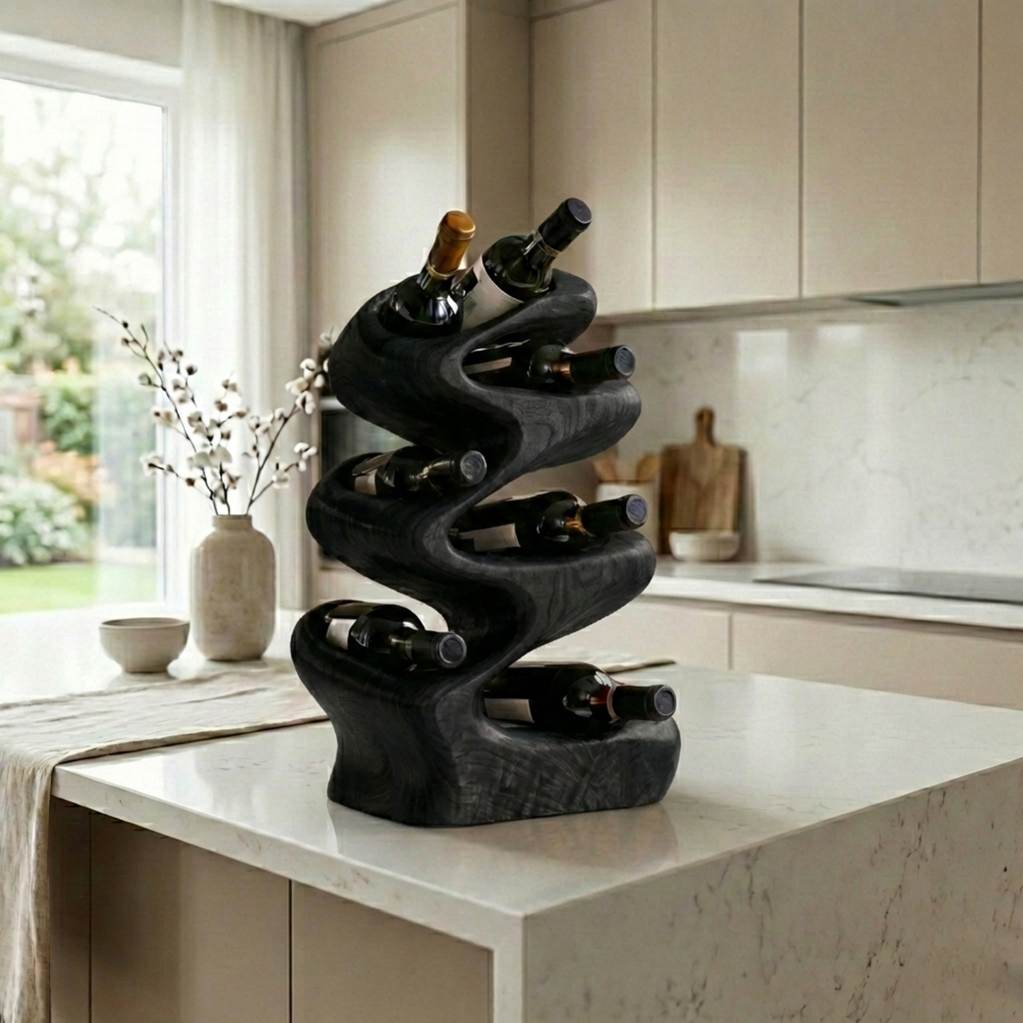 Handcrafted Solid Wood Wine Holder – Sculptural Wave Countertop Wine Rack