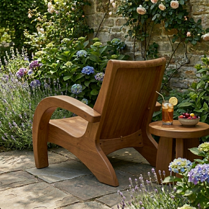 Modern Solid Wood Lounge Chair with Curved Armrests for Indoor & Outdoor Use