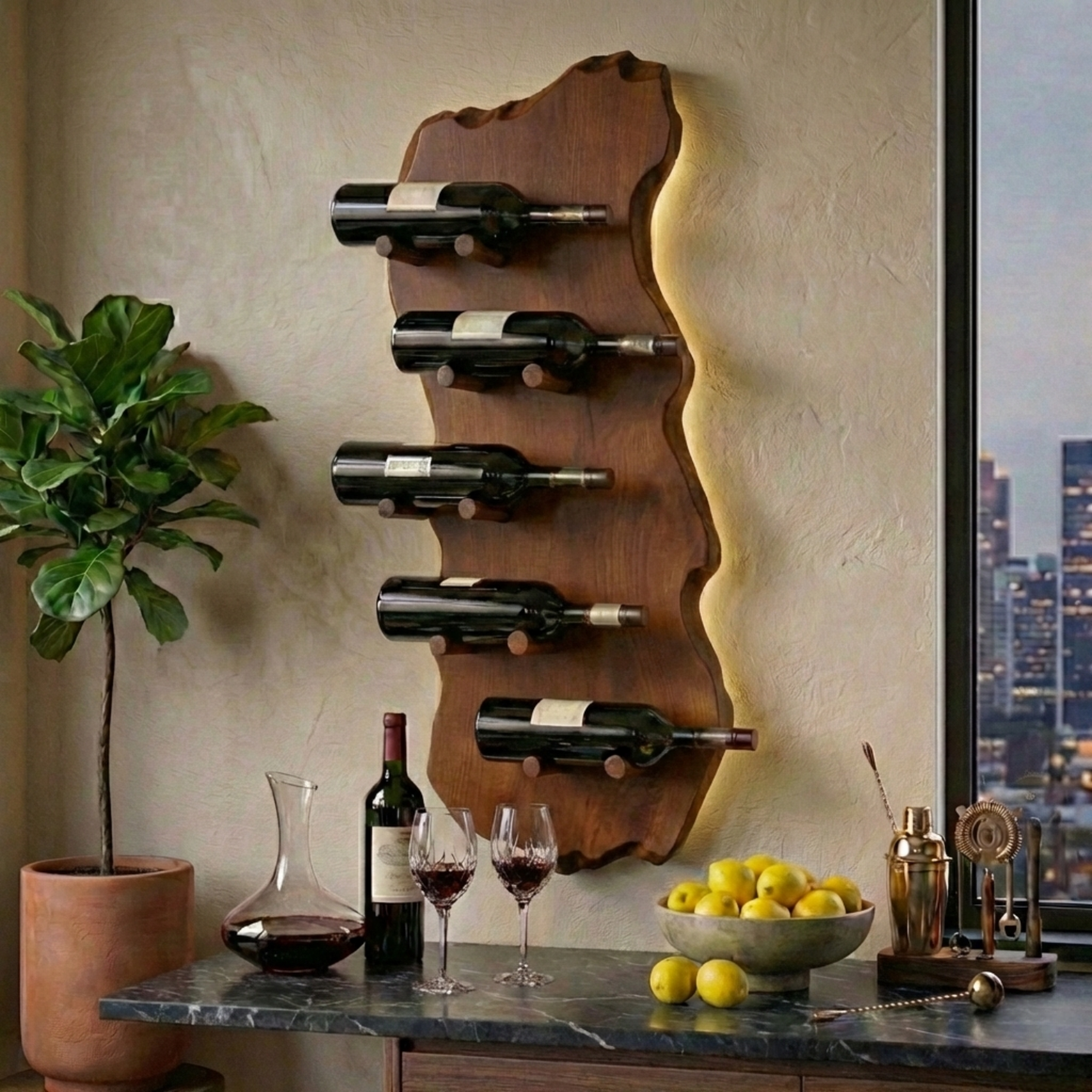 Solid Wood Live Edge Wall Wine Holder – Vertical Sculptural Wine Rack
