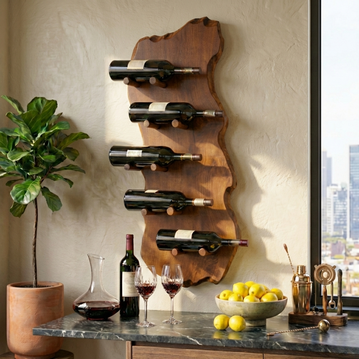 Solid Wood Live Edge Wall Wine Holder – Vertical Sculptural Wine Rack