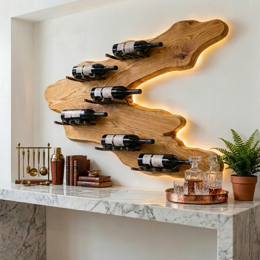 Handcrafted Solid Wood Wall Wine Holder – Live Edge Backlit Sculptural Wine Rack
