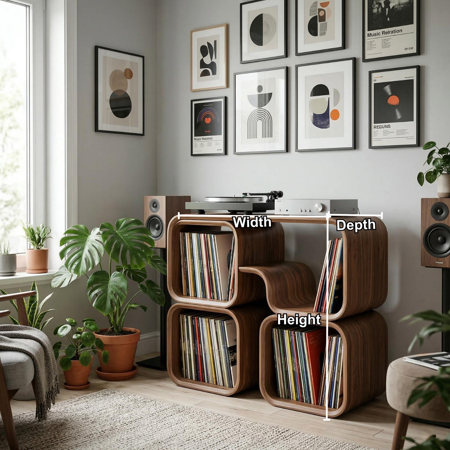 Modular Cube Solid Wood Record Player Stand with Vinyl LP Storage Compartments