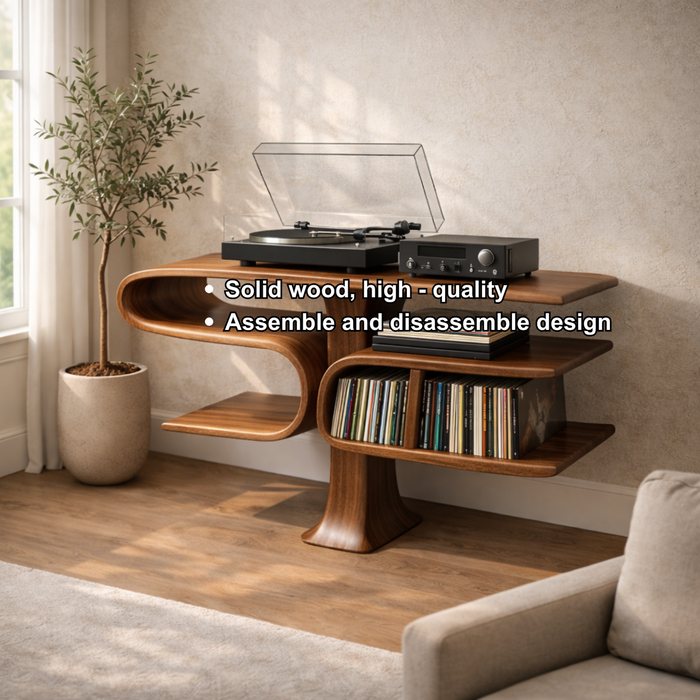 Cantilever Solid Wood Record Player Stand with Floating Vinyl Storage Shelves Kitchnce
