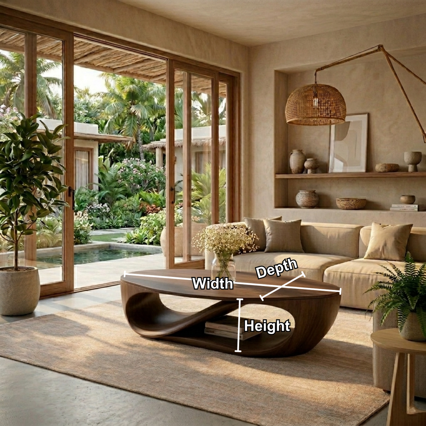 Sculptural Solid Wood Coffee Table with Open Shelf – Modern Organic Living Room Table Kitchnce