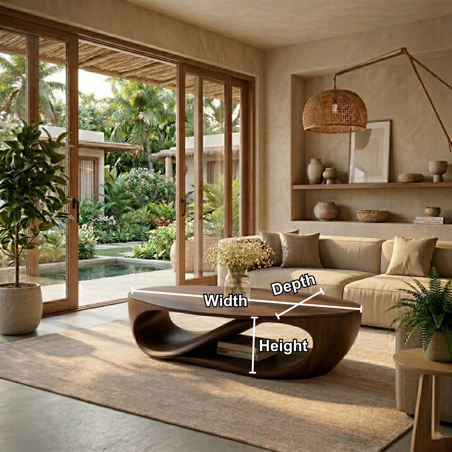 Sculptural Solid Wood Coffee Table with Open Shelf – Modern Organic Living Room Table Kitchnce