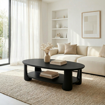 Solid Wood Oval Coffee Table with Shelf – Modern Minimalist Living Room Table Kitchnce