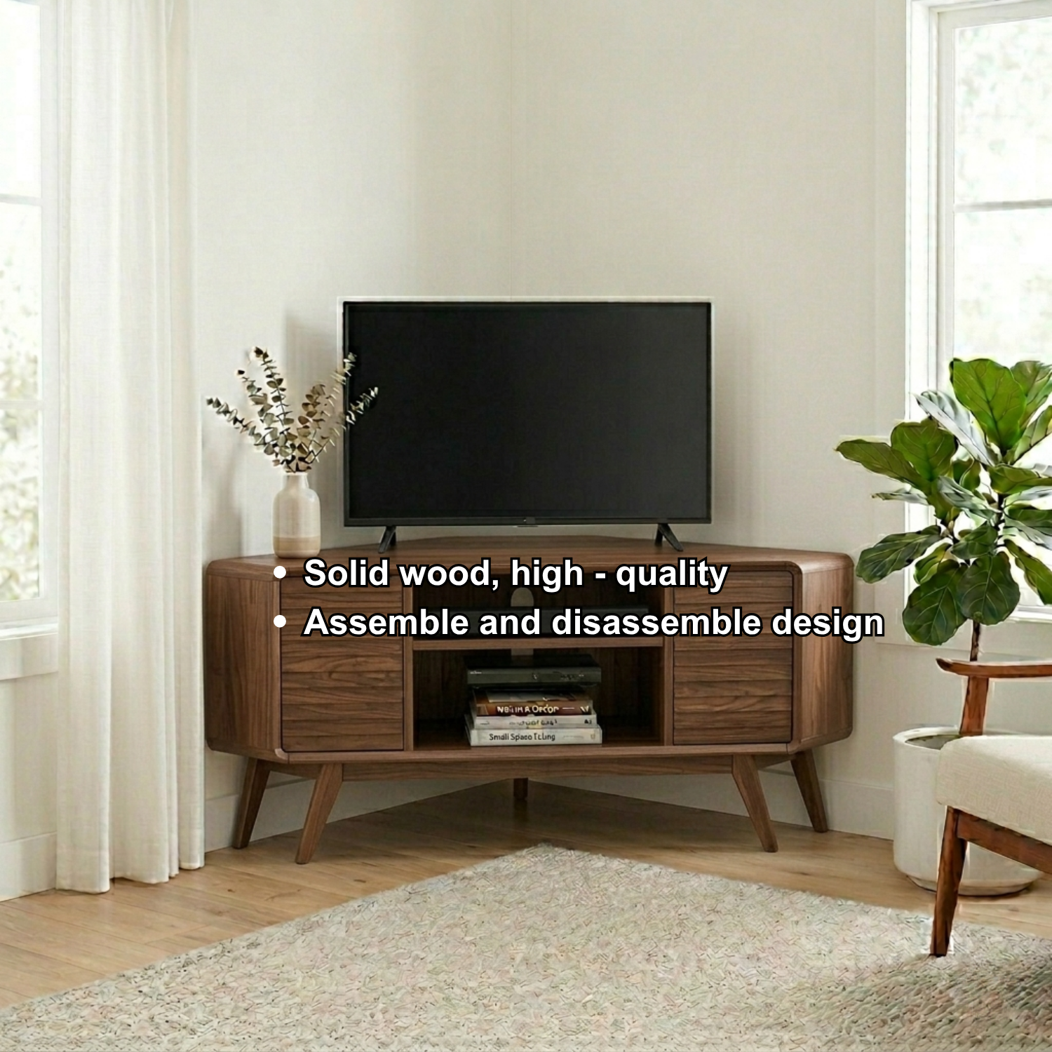 Solid Wood Corner TV Stand with Mid-Century Legs and Cabinet Storage