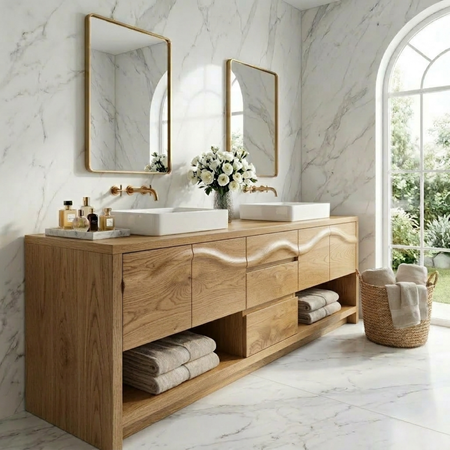 Solid Wood Bathroom Vanity for Double Sink Sculpted Front Modern Open Shelf Cabinet