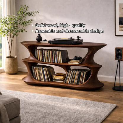 Solid Wood Record Player Stand with Sculptural Curved Frame and Dual Vinyl Storage Shelves Kitchnce