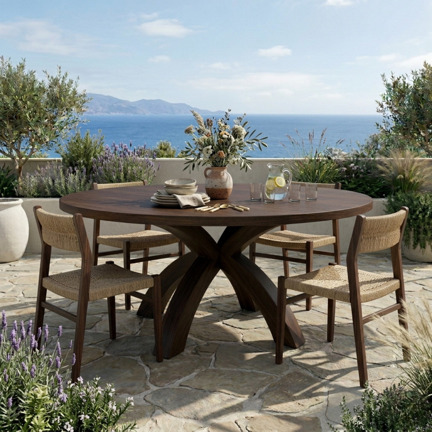 Round Solid Wood Outdoor Dining Table with Curved X Pedestal Base