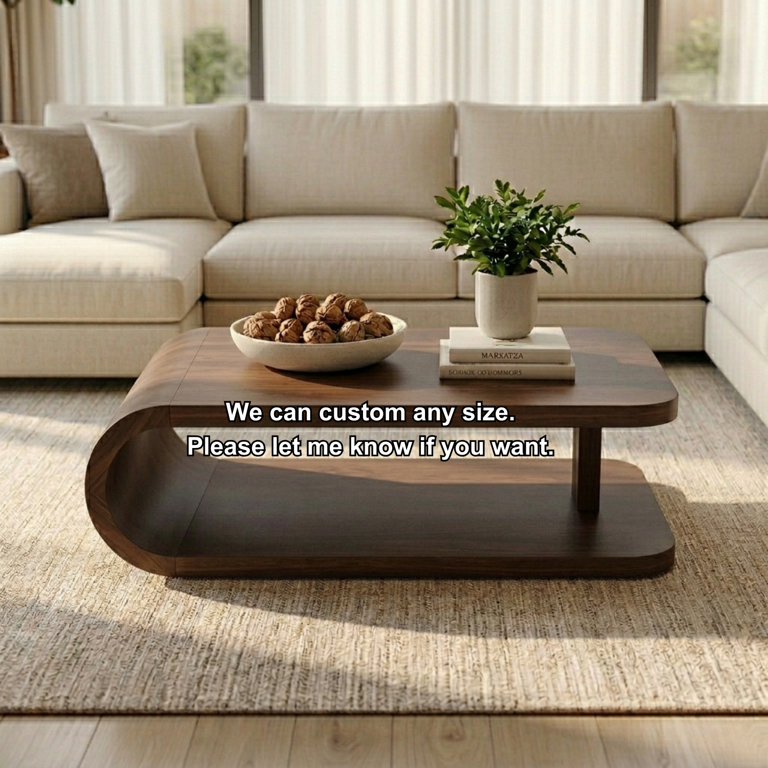 Modern Solid Wood Coffee Table with Curved Base and Storage Shelf for Living Room