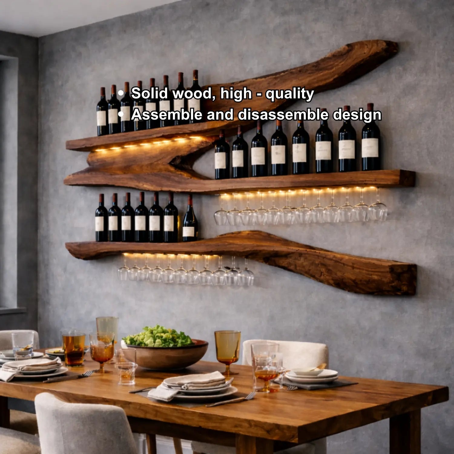Solid Wood Live Edge Wall Wine Rack with Floating Shelves and Hanging Glass Holder Kitchnce