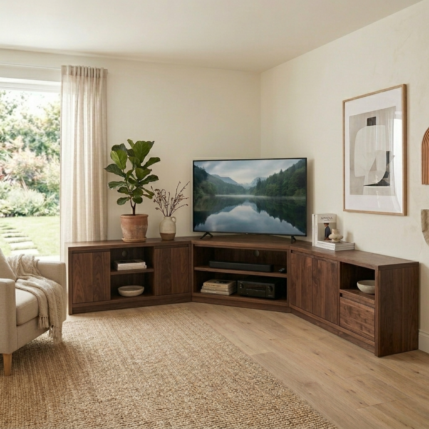 Modular Solid Wood Corner TV Stand with Storage Cabinets and Open Media Shelves